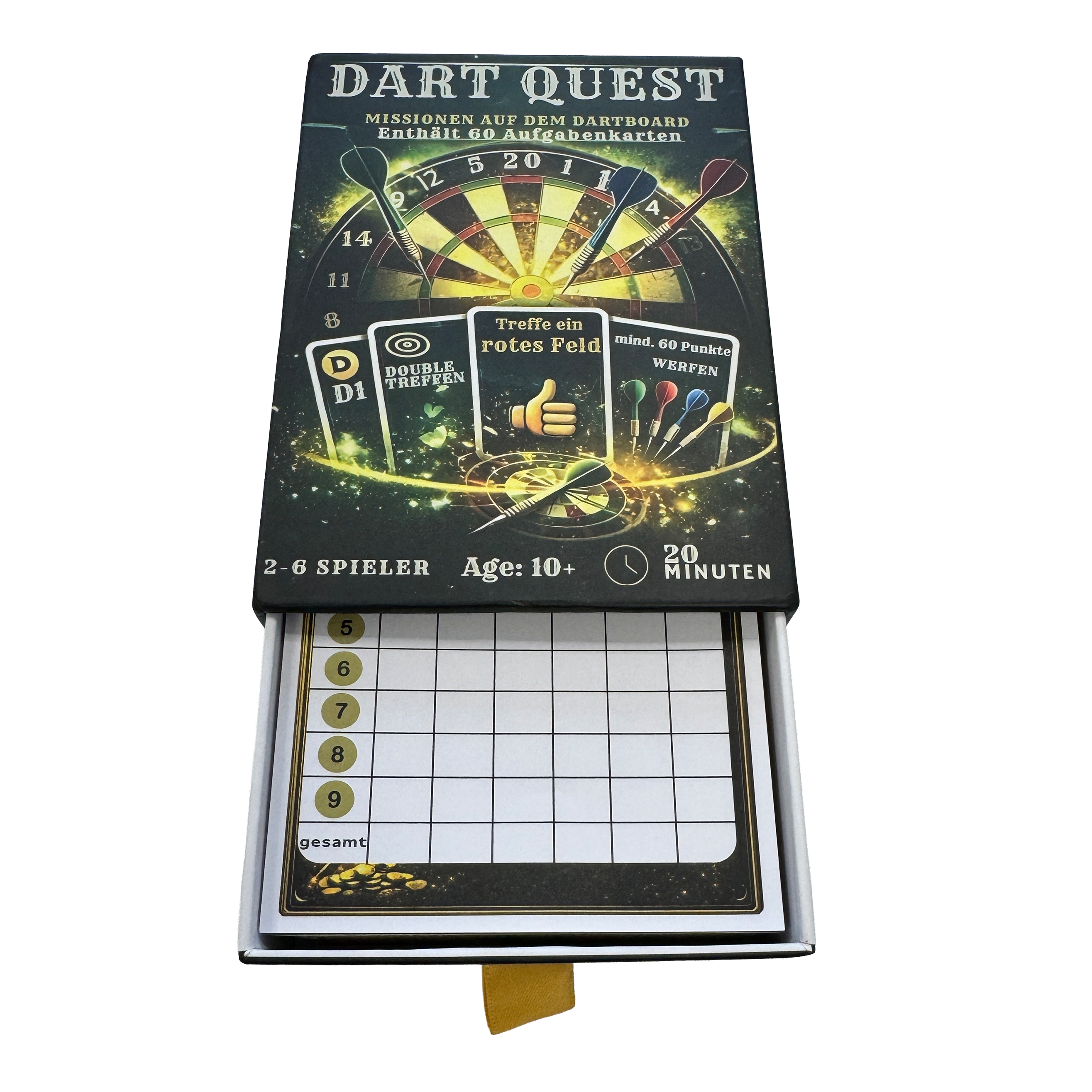 Hier wird das Dart Quest Kartenspiel gezeigt. Es ist ein spannendes Kartenspiel für Dart-Fans.